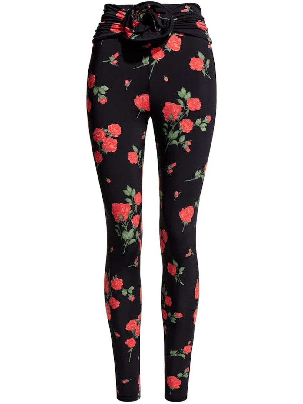 Magda Butrym x HM High-Rise Floral Leggings - Black with Red Rose Print